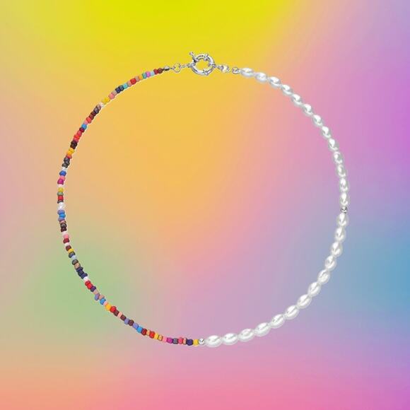 Bohemian Colorful Beaded Beach Necklace & Bracelet Set With Silver Clasp - Picture 4 of 8